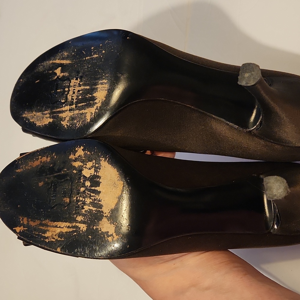 Stuart Weitzman Satin High Heel Open Toe Pumps With Bow Detail In Brown Size 9M - Picture 10 of 11